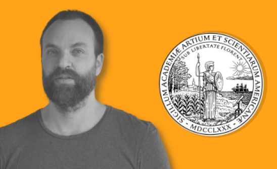 Portrait of Magne Mogstad on yellow background next to American Academy of Arts & Sciences logo