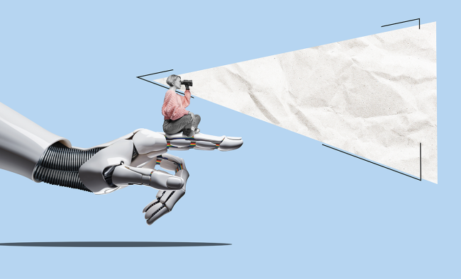 Giant robotic finger pointing, with a woman sitting on the end of the finger, using binoculars
