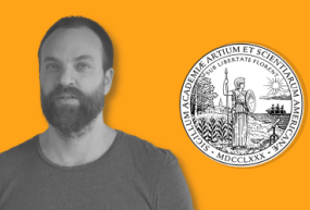 Portrait of Magne Mogstad on yellow background next to American Academy of Arts & Sciences logo